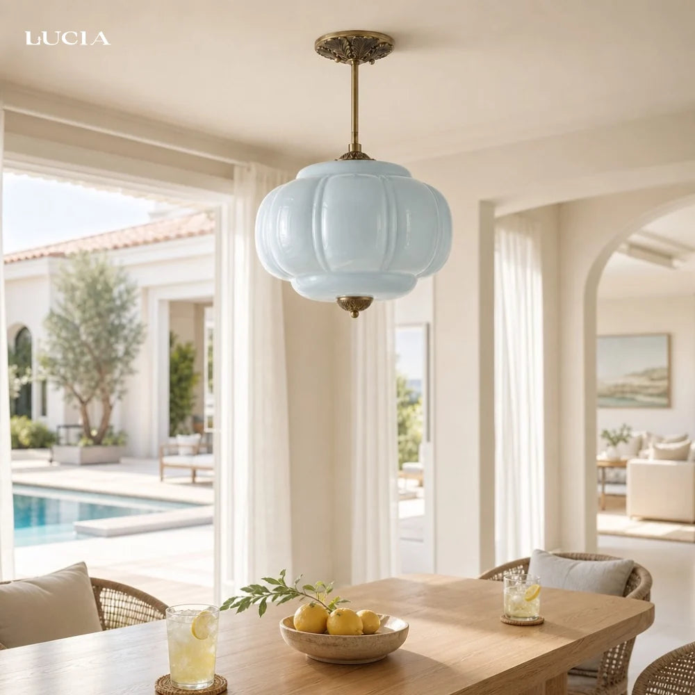 Juniper | Pumpkin Glass Pendant Light, Antique Brass Semi Flush Ceiling Light, Ribbed Colored Glass