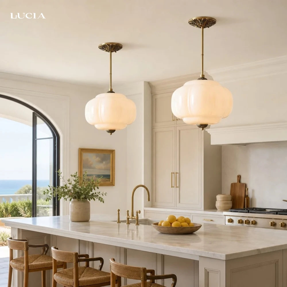 Juniper | Pumpkin Glass Pendant Light, Antique Brass Semi Flush Ceiling Light, Ribbed Colored Glass