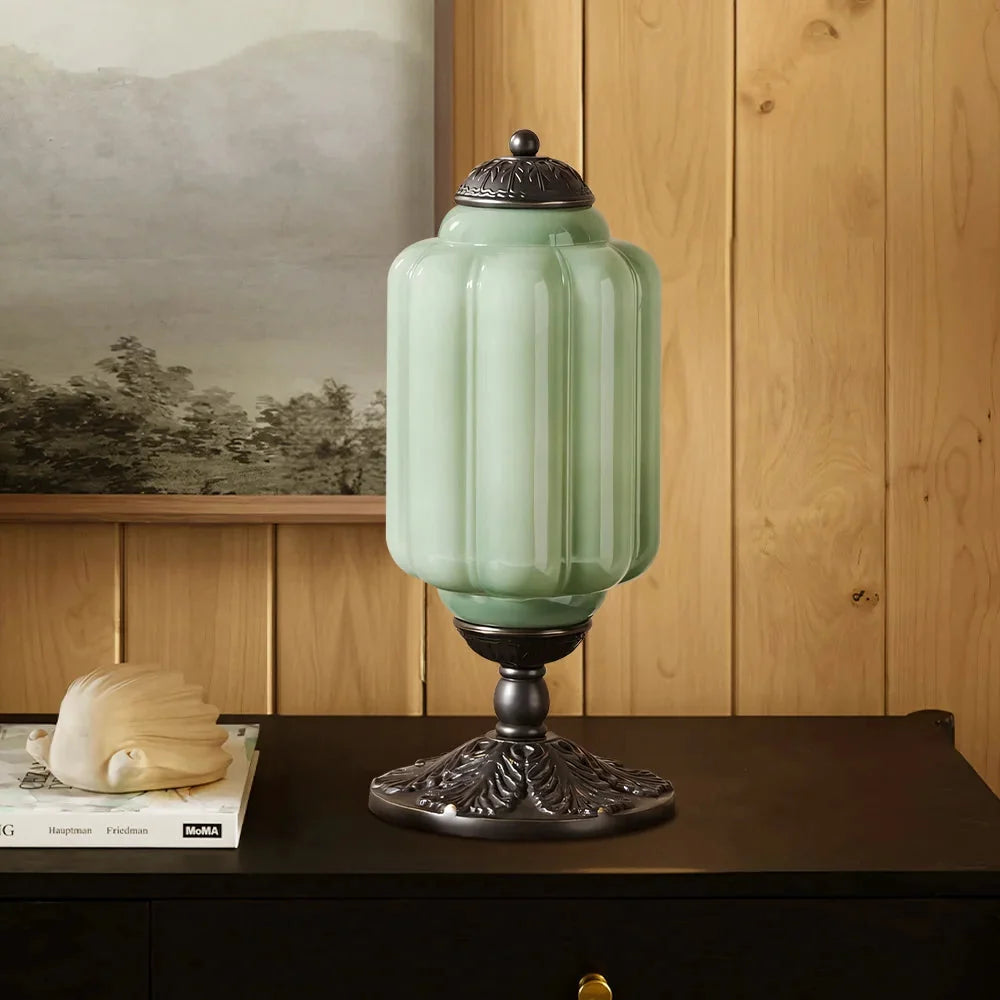 Lumi | Ribbed Glass Table Lamp, French Vintage Bedside Lamp with Brass Base, Milk Glass Desk Lamp