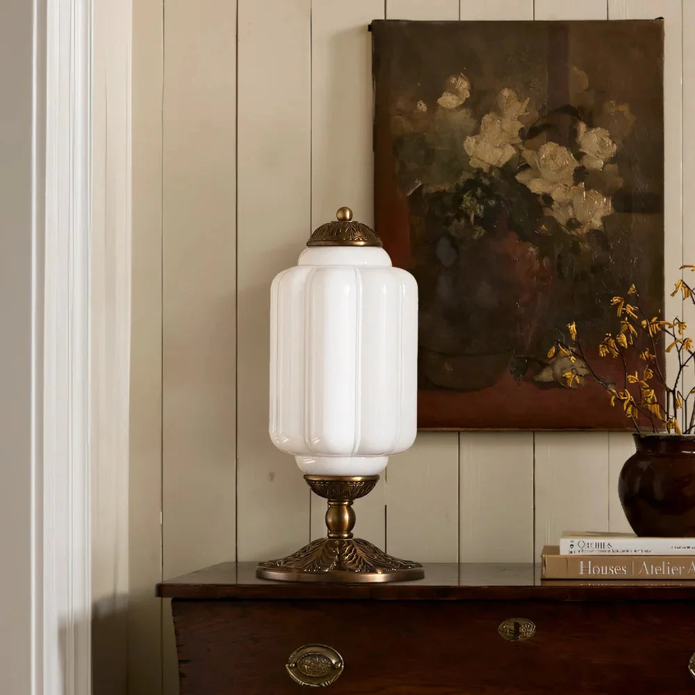 Lumi | Ribbed Glass Table Lamp, French Vintage Bedside Lamp with Brass Base, Milk Glass Desk Lamp