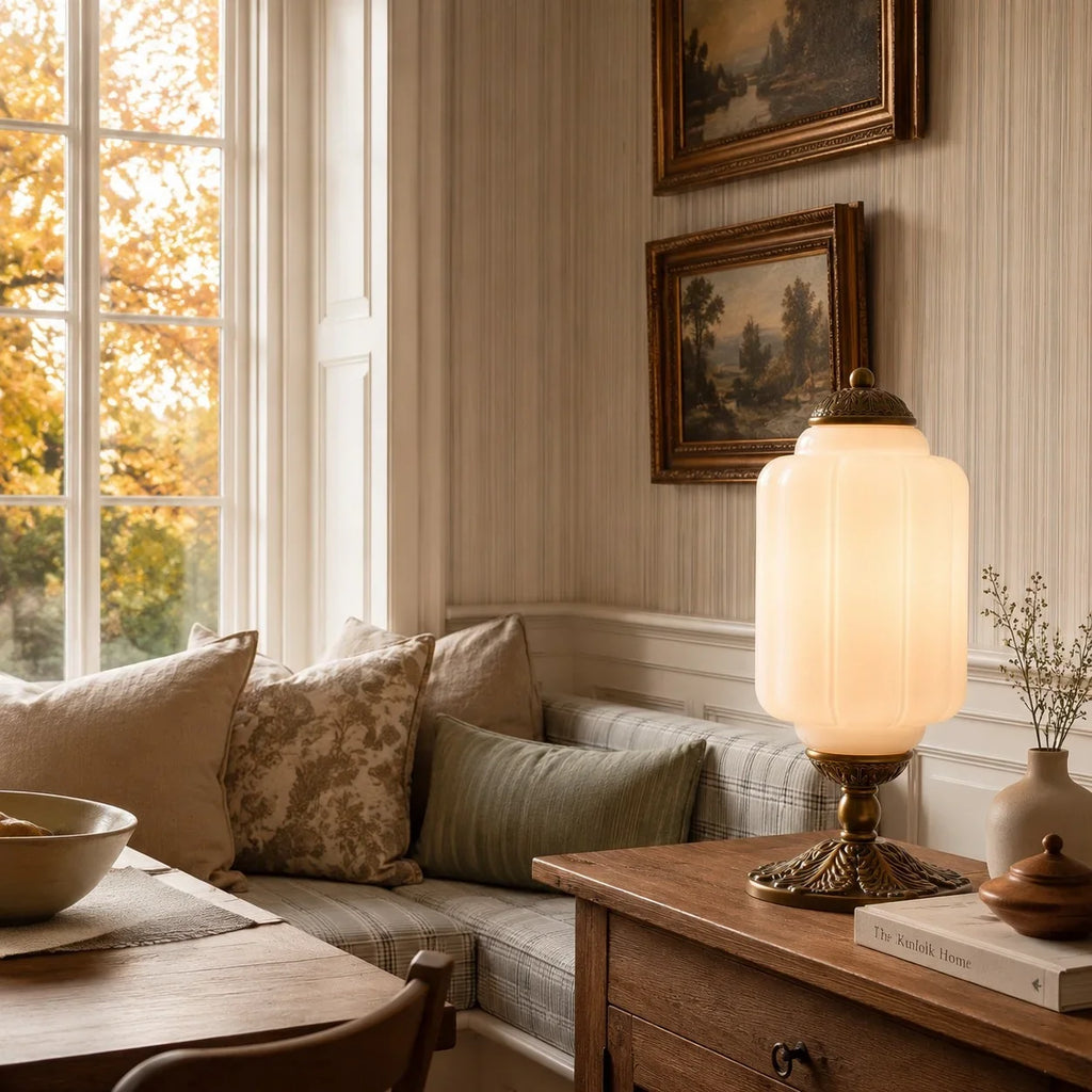 Lumi | Ribbed Glass Table Lamp, French Vintage Bedside Lamp with Brass Base, Milk Glass Desk Lamp