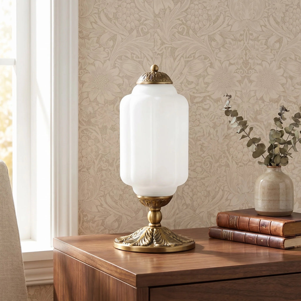 Lumi | Ribbed Glass Table Lamp, French Vintage Bedside Lamp with Brass Base, Milk Glass Desk Lamp