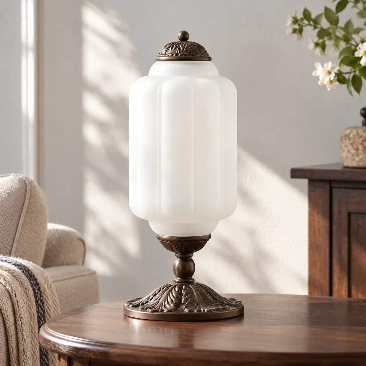Lumi | Ribbed Glass Table Lamp, French Vintage Bedside Lamp with Brass Base, Milk Glass Desk Lamp