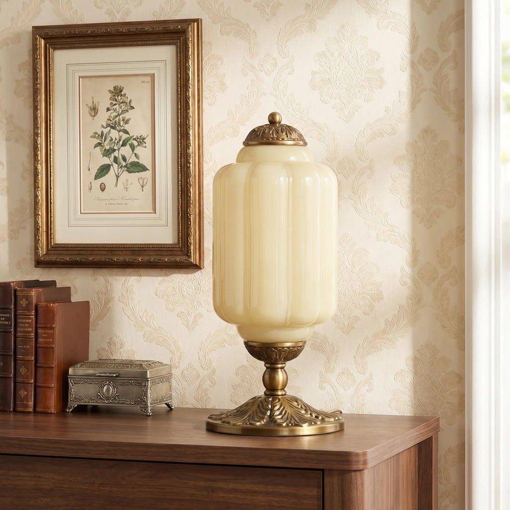 Lumi | Ribbed Glass Table Lamp, French Vintage Bedside Lamp with Brass Base, Milk Glass Desk Lamp