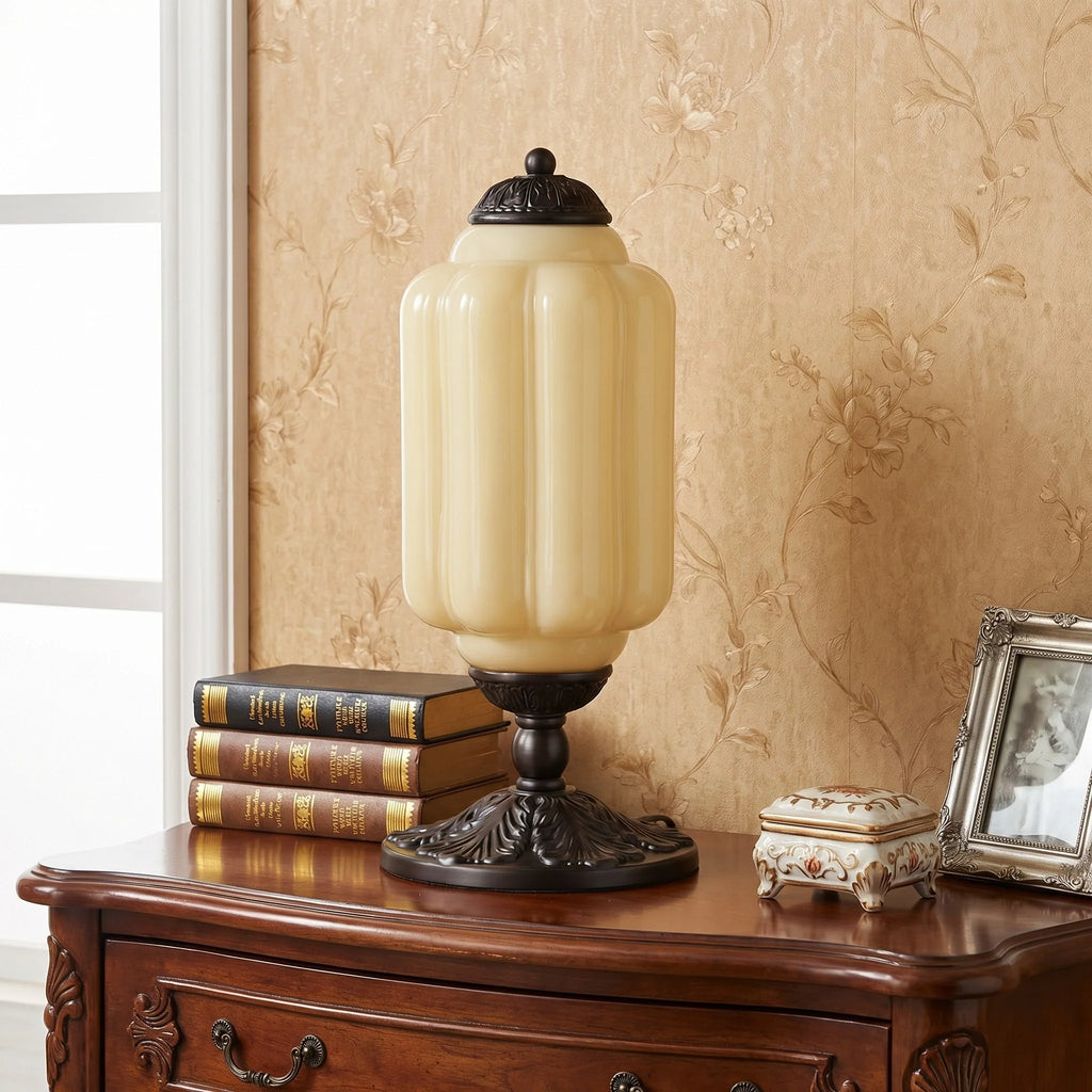 Lumi | Ribbed Glass Table Lamp, French Vintage Bedside Lamp with Brass Base, Milk Glass Desk Lamp