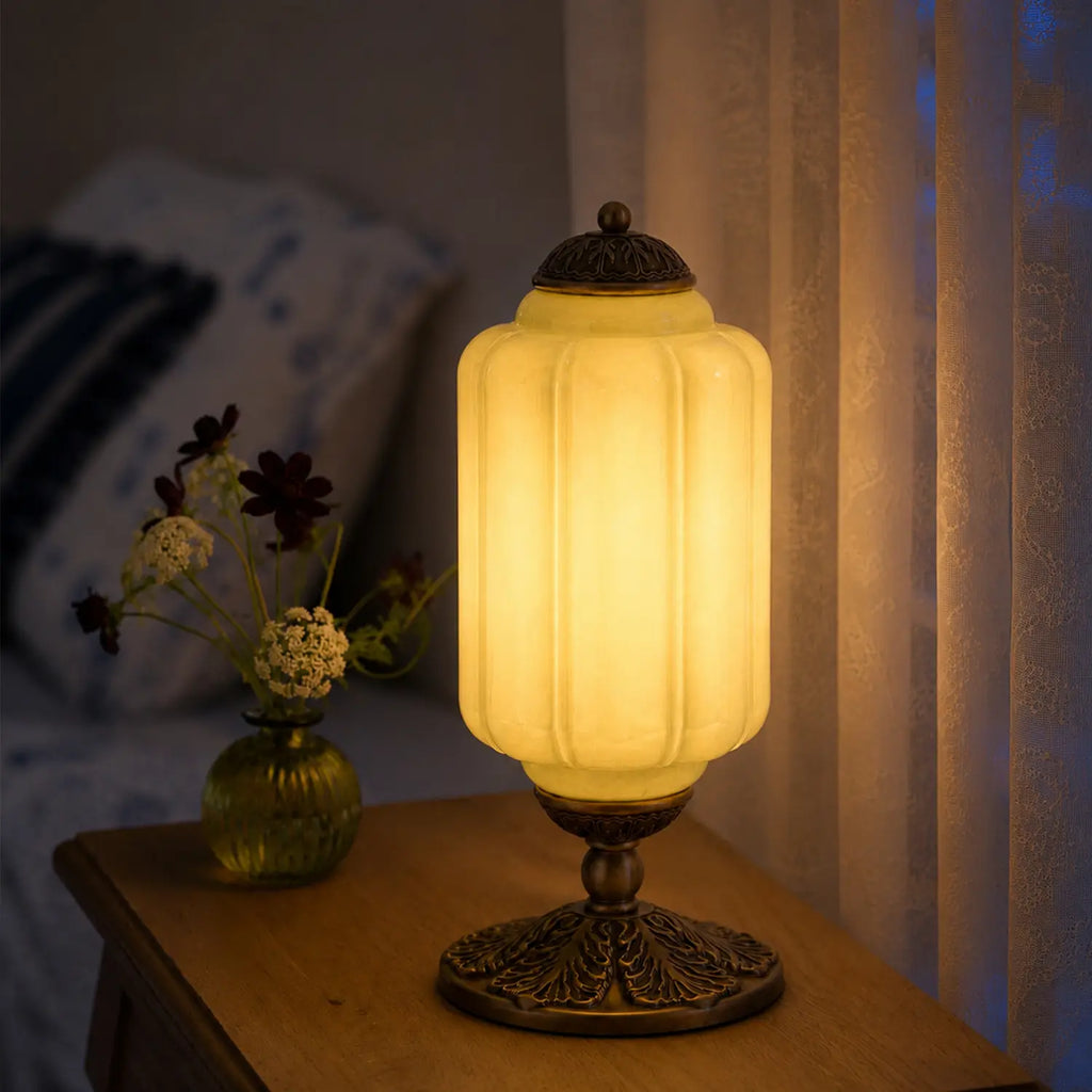 Lumi | Ribbed Glass Table Lamp, French Vintage Bedside Lamp with Brass Base, Milk Glass Desk Lamp