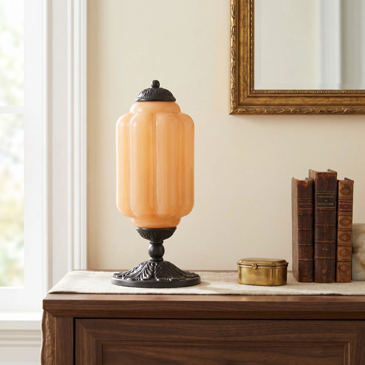 Lumi | Ribbed Glass Table Lamp, French Vintage Bedside Lamp with Brass Base, Milk Glass Desk Lamp