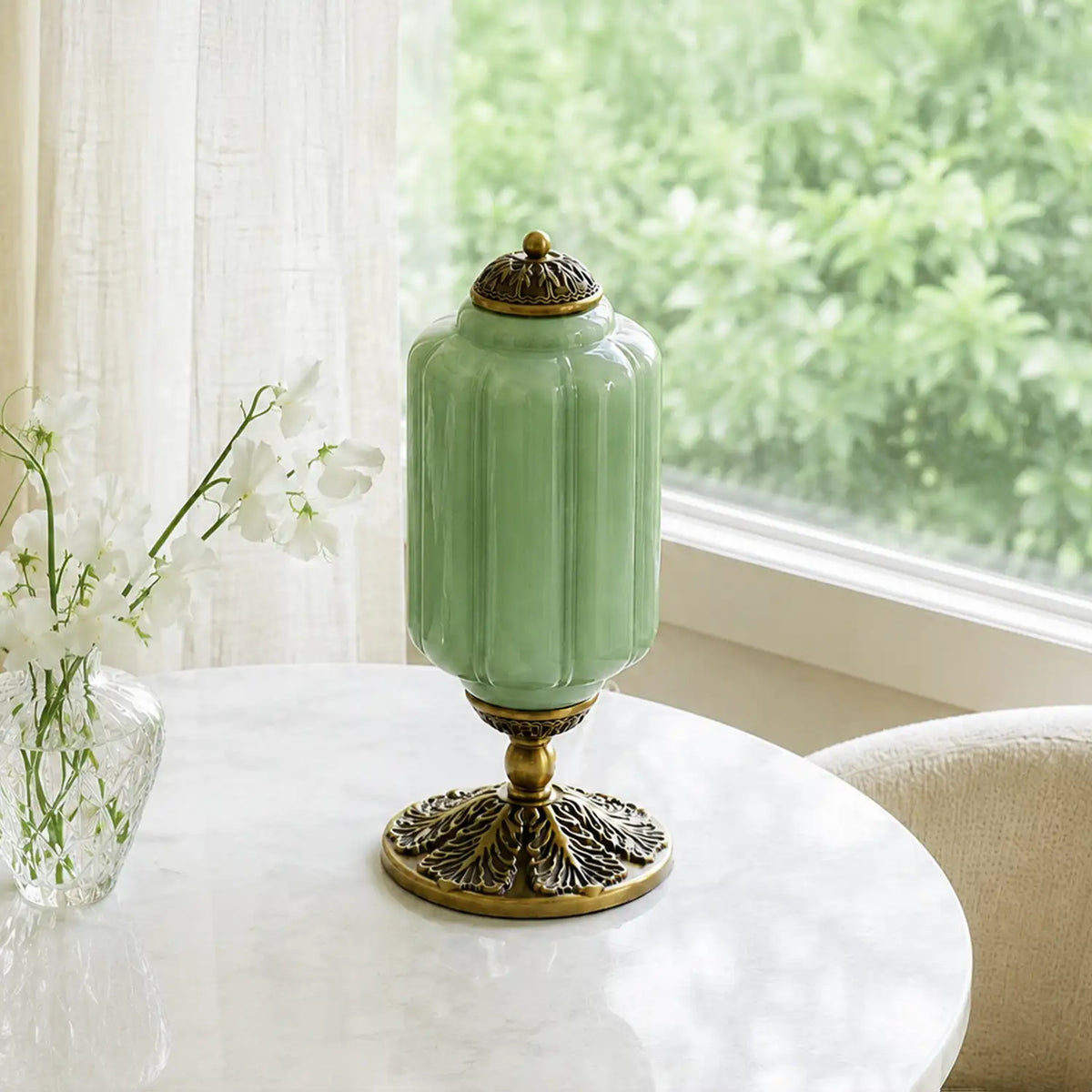 Lumi | Ribbed Glass Table Lamp, French Vintage Bedside Lamp with Brass Base, Milk Glass Desk Lamp