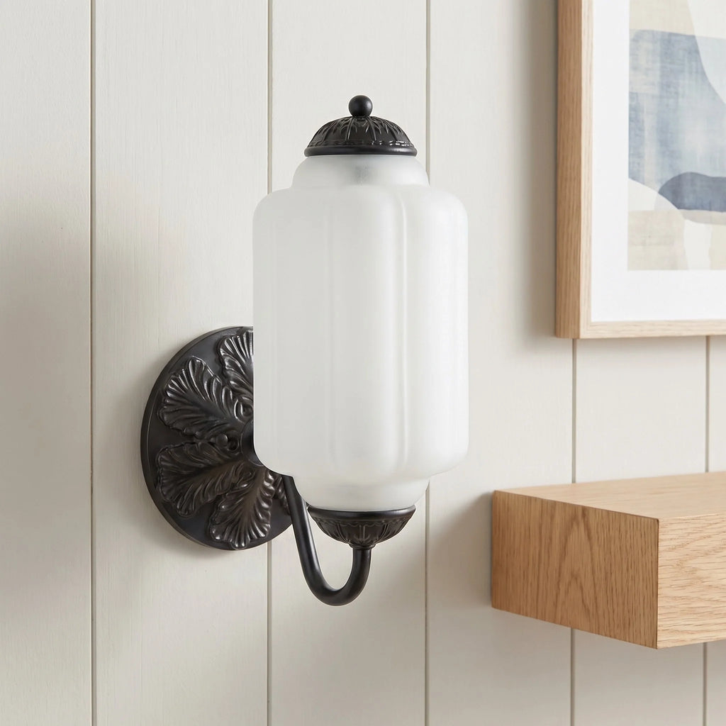 Opaline | Milk Glass Wall Sconce, Vintage Brass Bathroom Vanity Light, Ribbed Glass Bedroom Wall Light