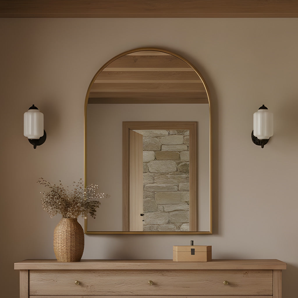Opaline | Milk Glass Wall Sconce, Vintage Brass Bathroom Vanity Light, Ribbed Glass Bedroom Wall Light