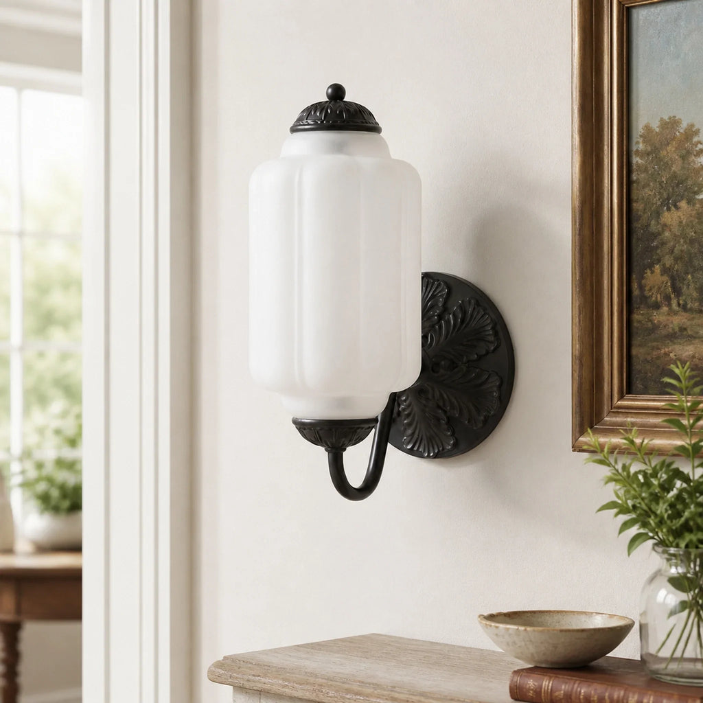 Opaline | Milk Glass Wall Sconce, Vintage Brass Bathroom Vanity Light, Ribbed Glass Bedroom Wall Light