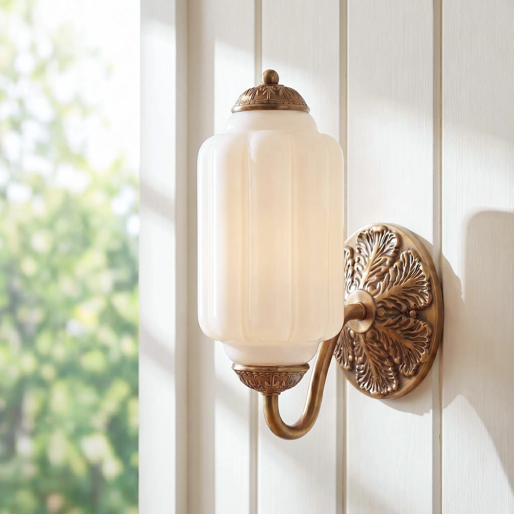 Opaline | Milk Glass Wall Sconce, Vintage Brass Bathroom Vanity Light, Ribbed Glass Bedroom Wall Light