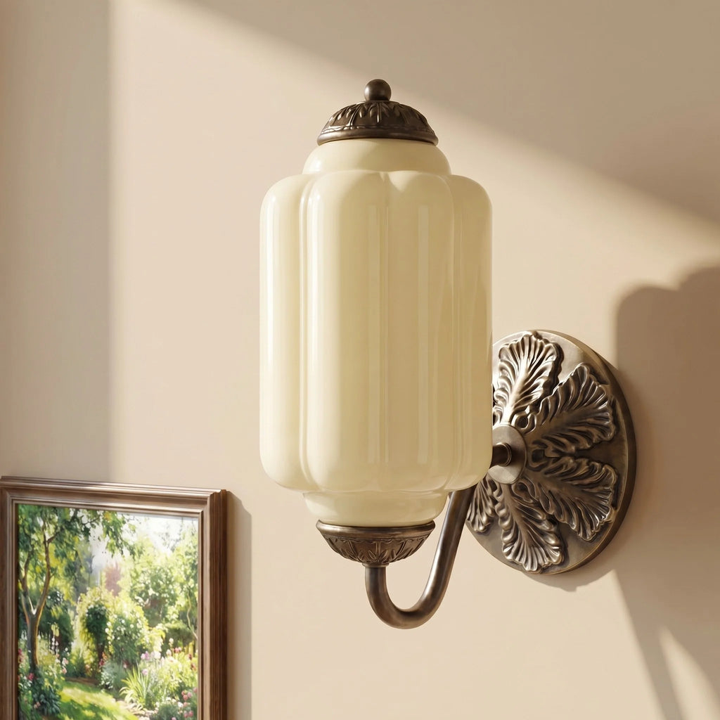 Opaline | Milk Glass Wall Sconce, Vintage Brass Bathroom Vanity Light, Ribbed Glass Bedroom Wall Light