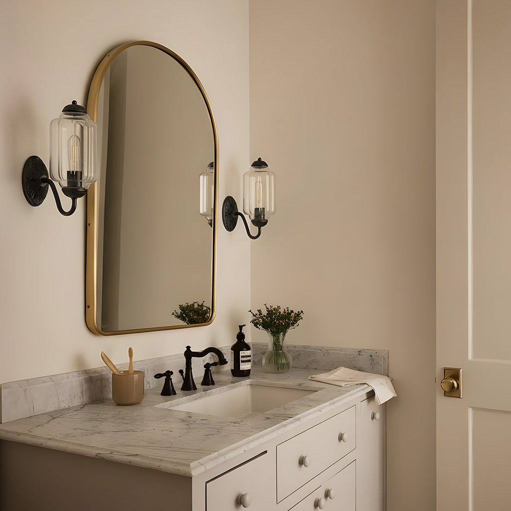 Opaline | Milk Glass Wall Sconce, Vintage Brass Bathroom Vanity Light, Ribbed Glass Bedroom Wall Light