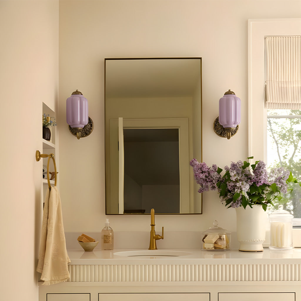 Opaline | Milk Glass Wall Sconce, Vintage Brass Bathroom Vanity Light, Ribbed Glass Bedroom Wall Light