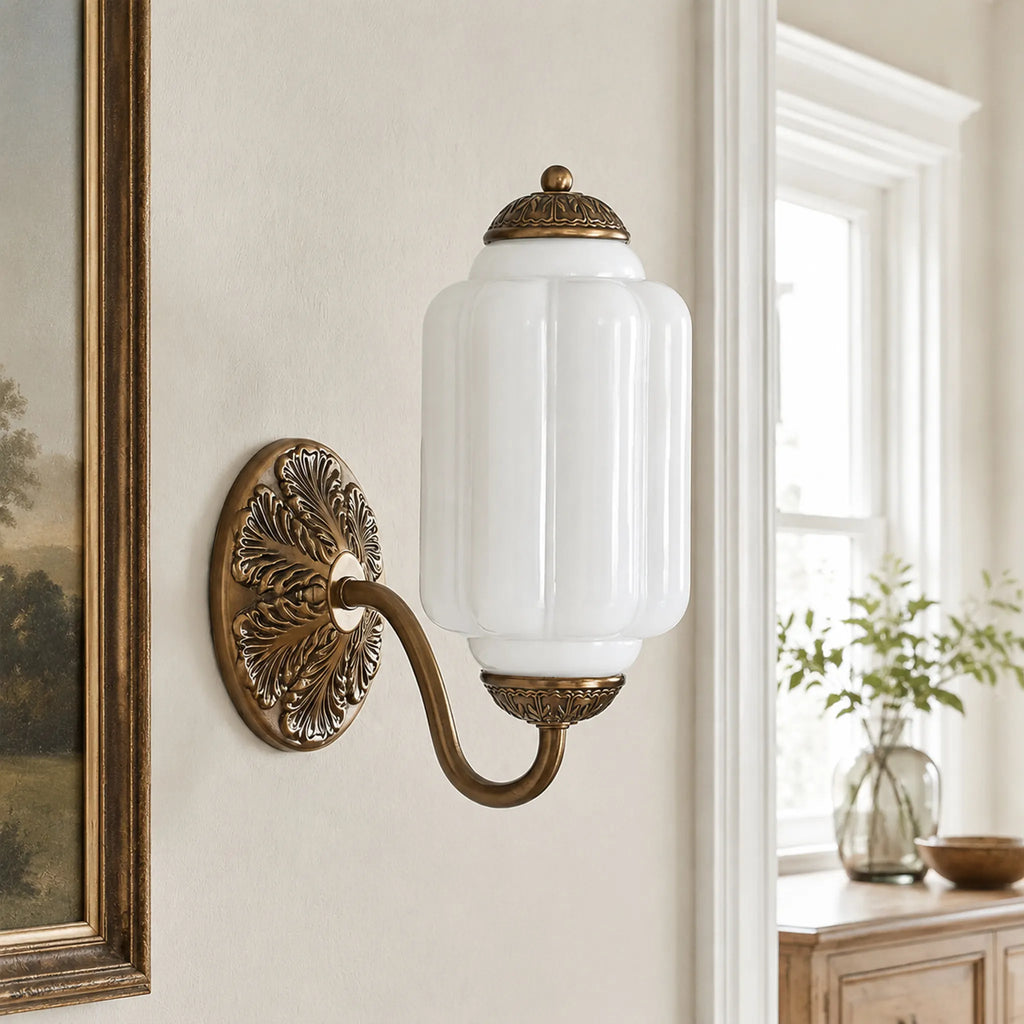 Opaline | Milk Glass Wall Sconce, Vintage Brass Bathroom Vanity Light, Ribbed Glass Bedroom Wall Light