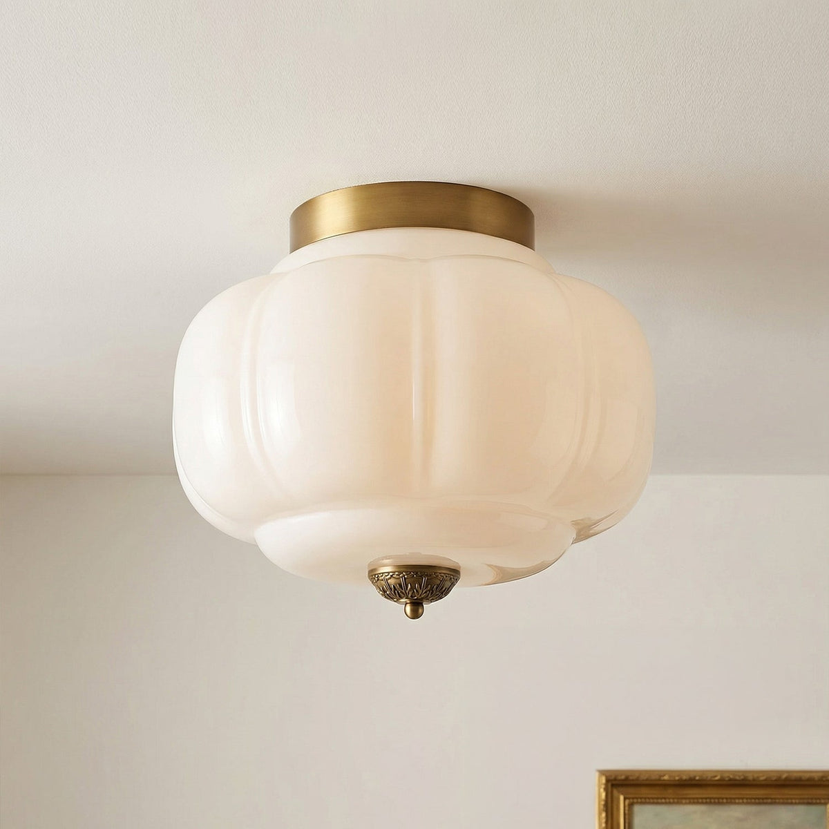 Clementine | Milk Glass Semi Flush Mount Ceiling Light, Vintage Pumpkin Glass Light Fixture, Brass