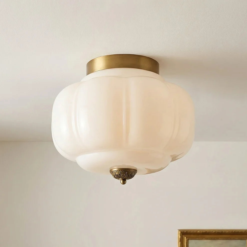 Clementine | Milk Glass Semi Flush Mount Ceiling Light, Vintage Pumpkin Glass Light Fixture, Brass
