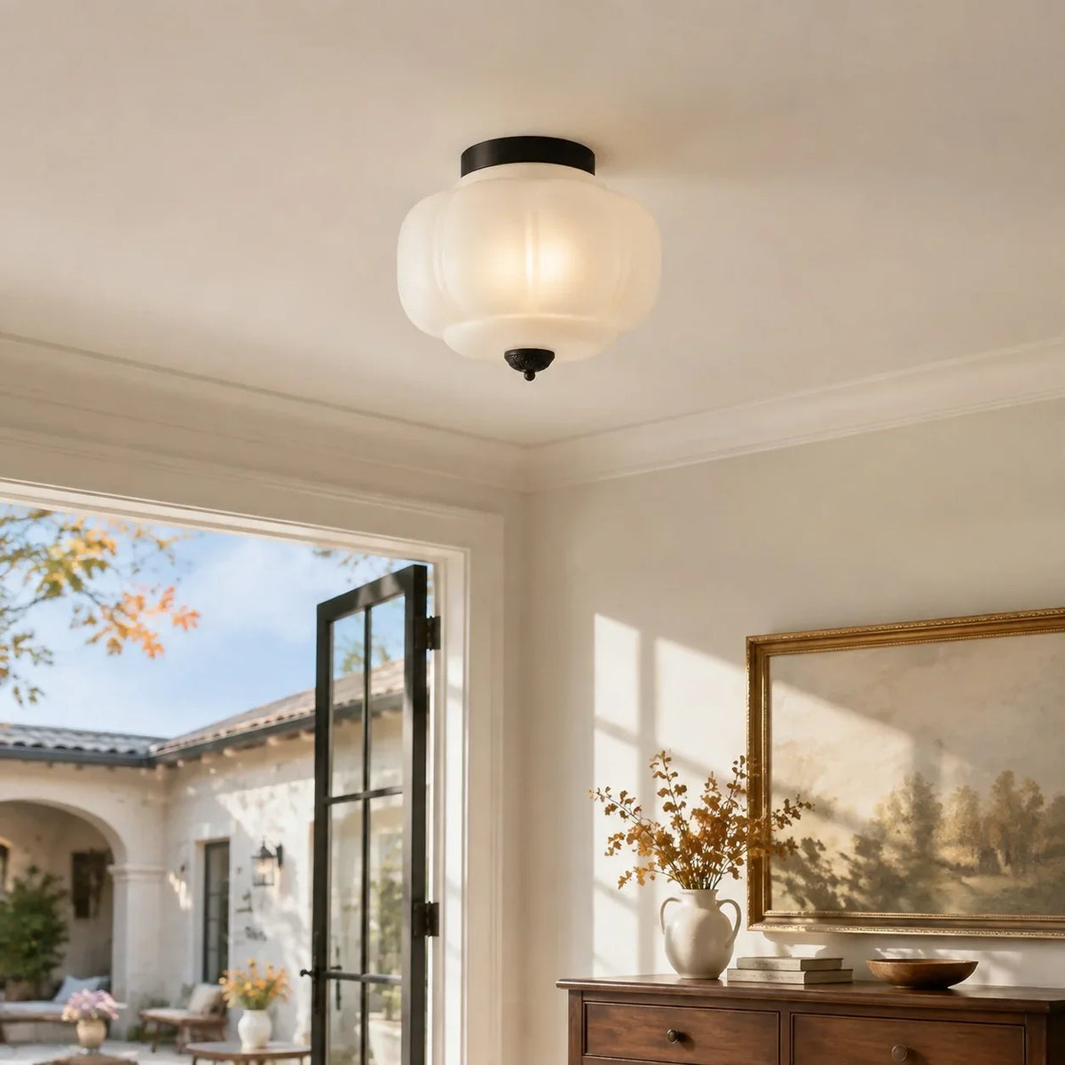 Clementine | Milk Glass Semi Flush Mount Ceiling Light, Vintage Pumpkin Glass Light Fixture, Brass