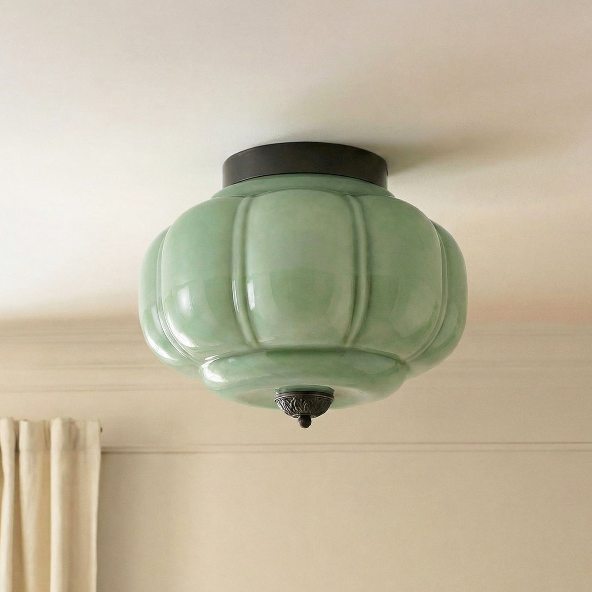 Clementine | Milk Glass Semi Flush Mount Ceiling Light, Vintage Pumpkin Glass Light Fixture, Brass