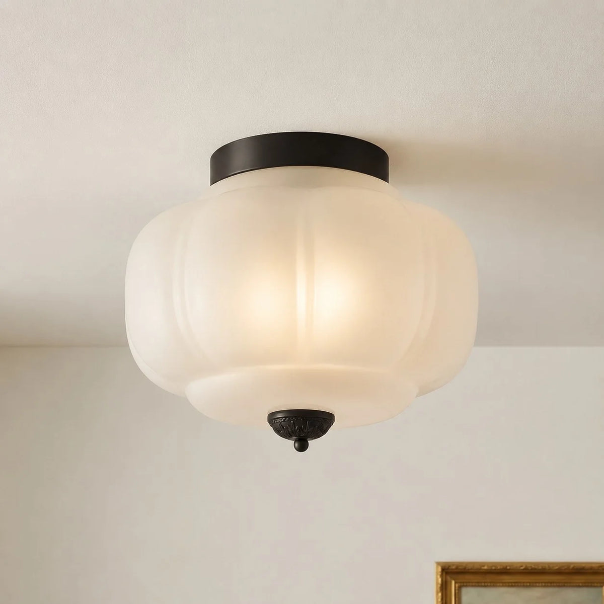Clementine | Milk Glass Semi Flush Mount Ceiling Light, Vintage Pumpkin Glass Light Fixture, Brass