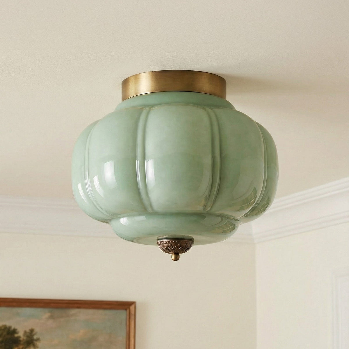 Clementine | Milk Glass Semi Flush Mount Ceiling Light, Vintage Pumpkin Glass Light Fixture, Brass