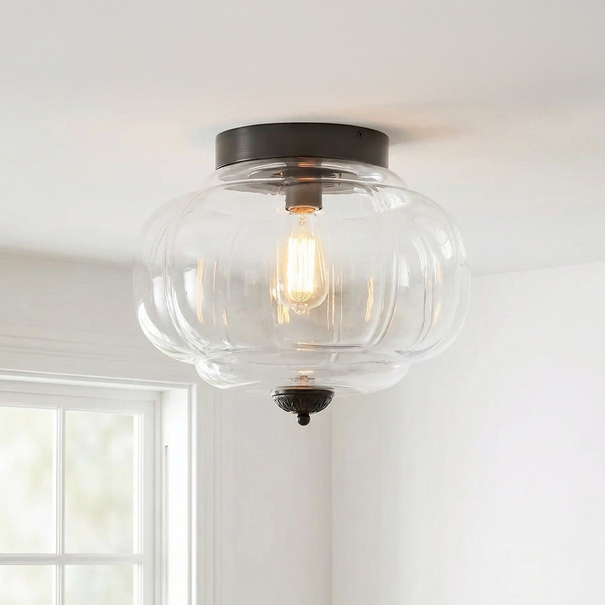 Clementine | Milk Glass Semi Flush Mount Ceiling Light, Vintage Pumpkin Glass Light Fixture, Brass