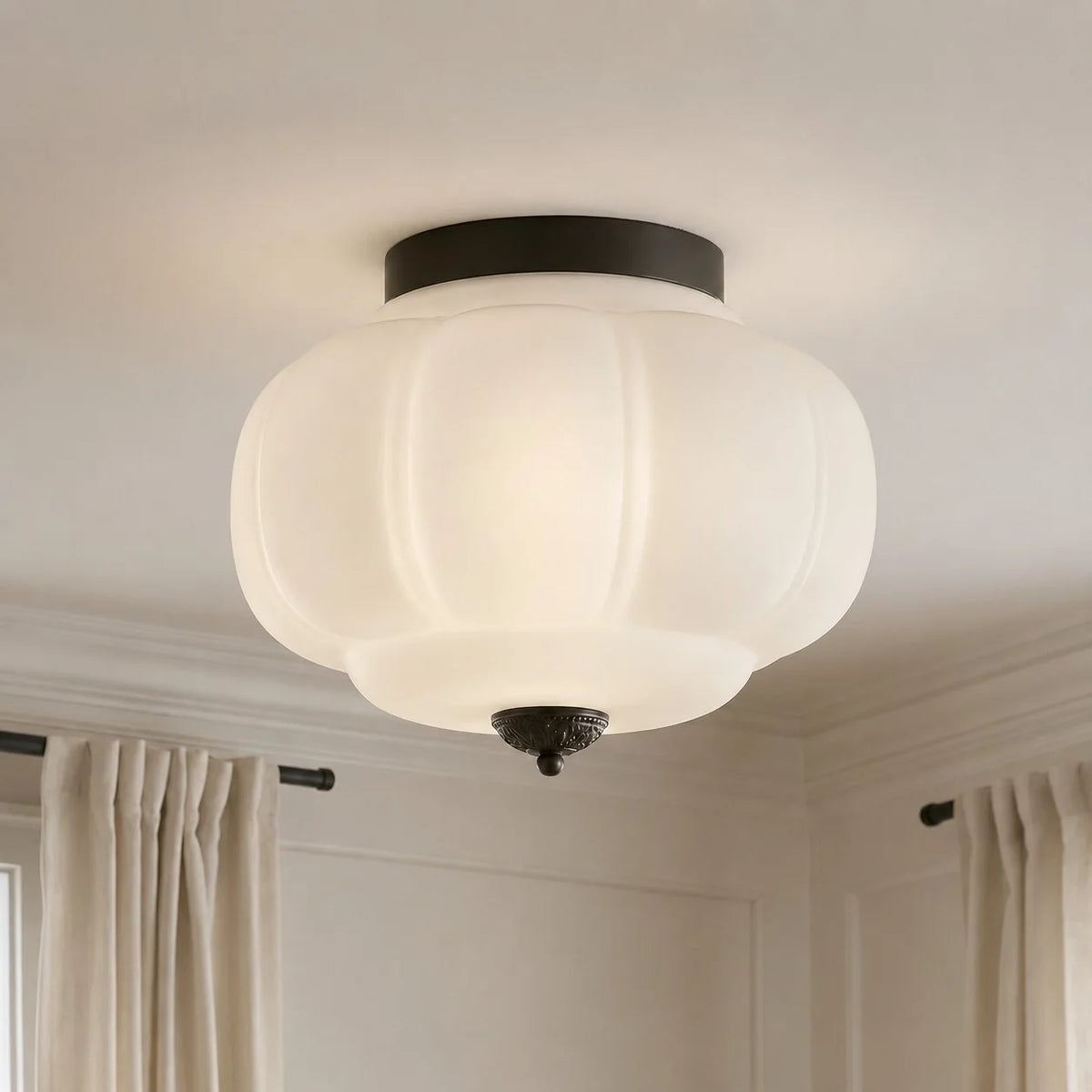 Clementine | Milk Glass Semi Flush Mount Ceiling Light, Vintage Pumpkin Glass Light Fixture, Brass