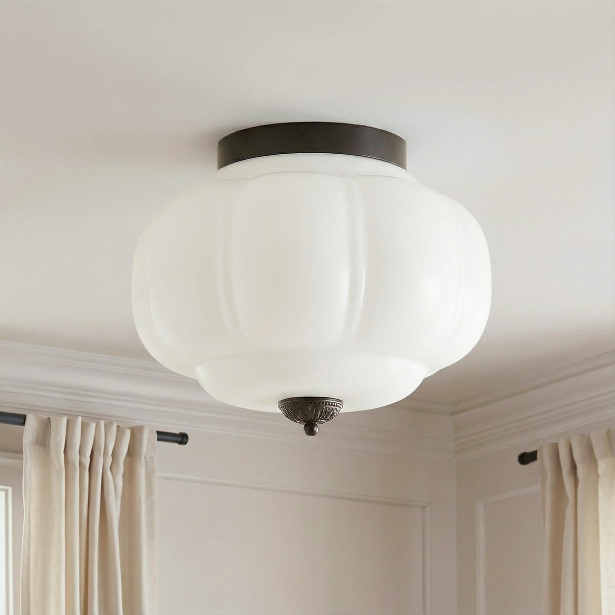 Clementine | Milk Glass Semi Flush Mount Ceiling Light, Vintage Pumpkin Glass Light Fixture, Brass
