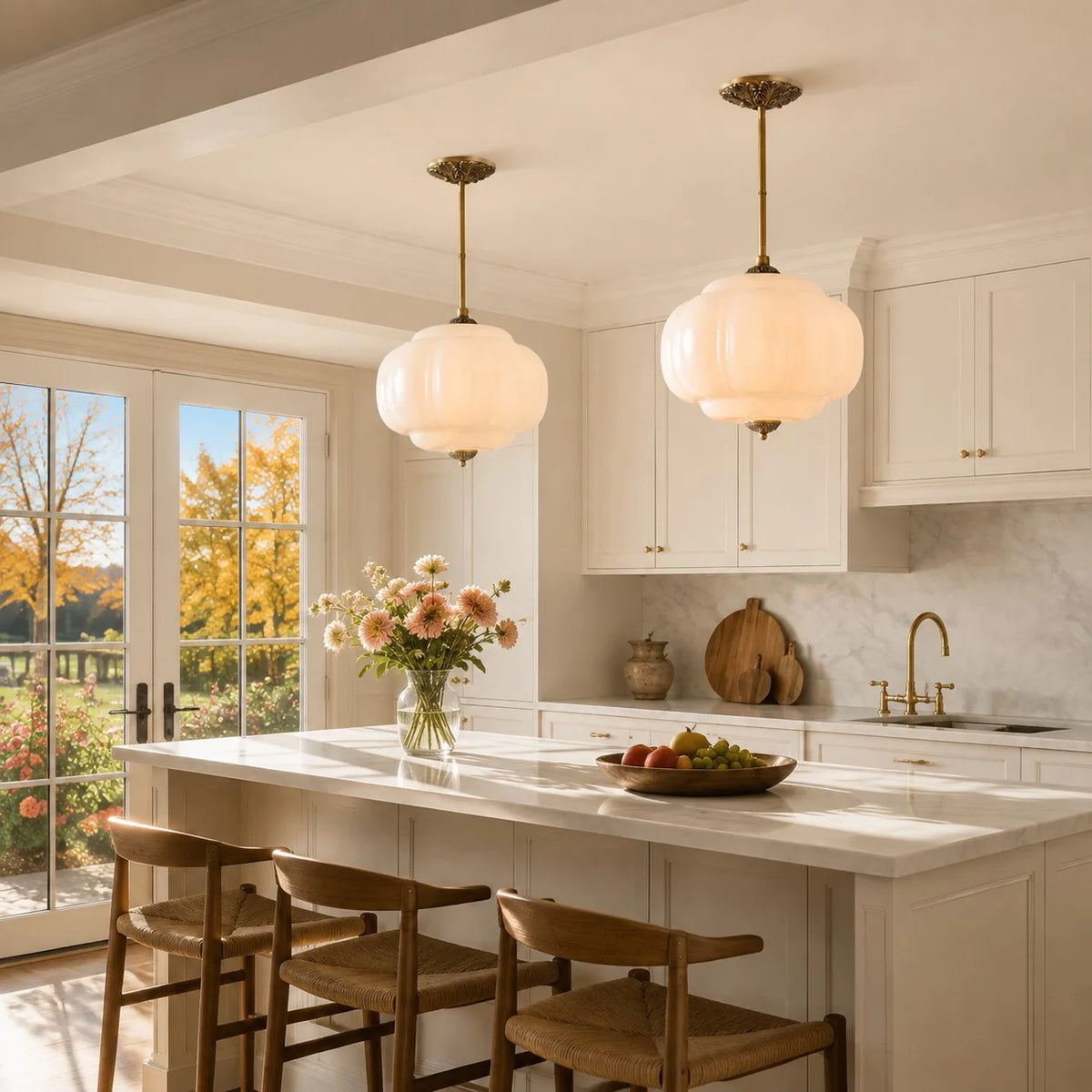 Juniper | Pumpkin Glass Pendant Light, Antique Brass Semi Flush Ceiling Light, Ribbed Colored Glass