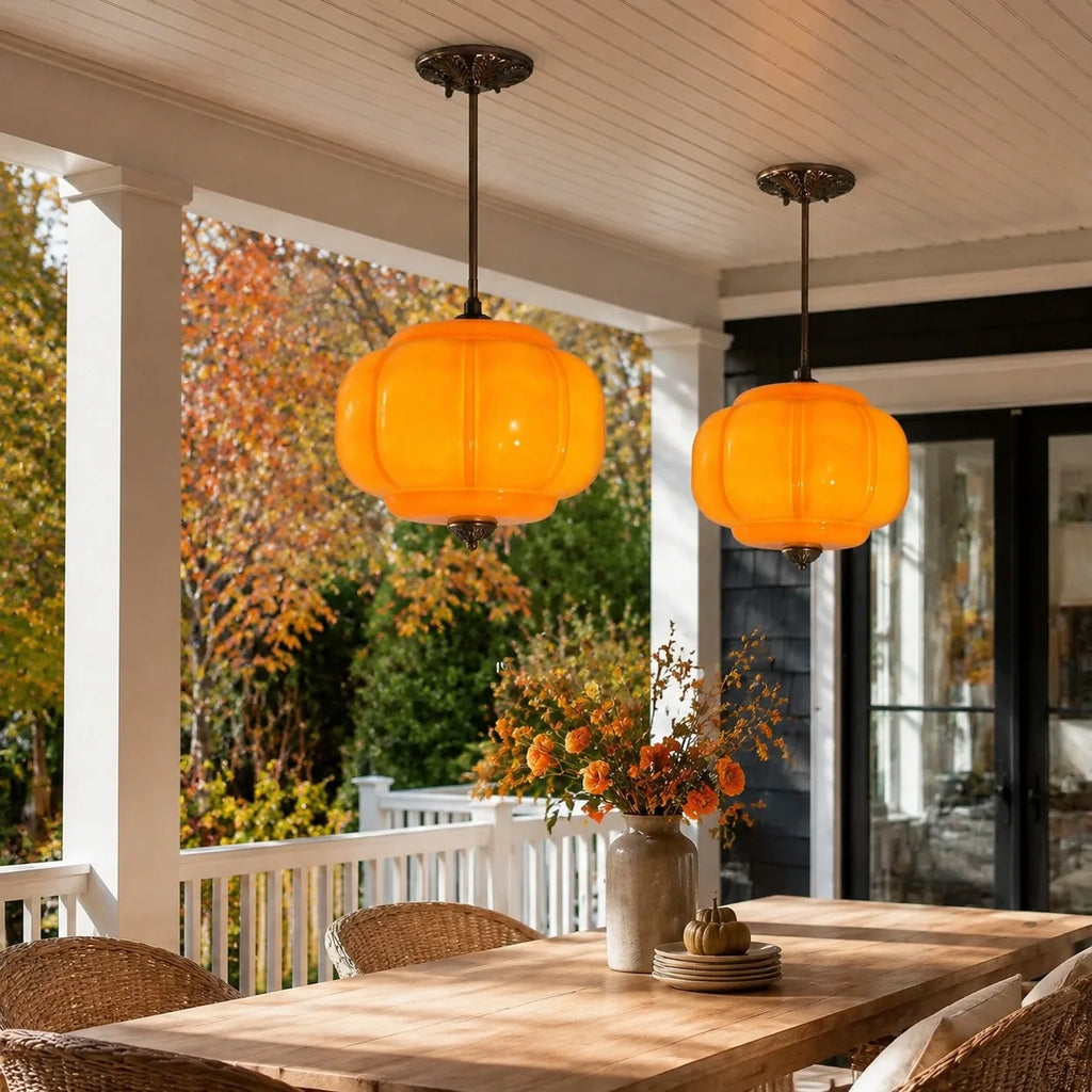 Juniper | Pumpkin Glass Pendant Light, Antique Brass Semi Flush Ceiling Light, Ribbed Colored Glass