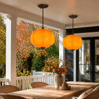 Juniper | Pumpkin Glass Pendant Light, Antique Brass Semi Flush Ceiling Light, Ribbed Colored Glass