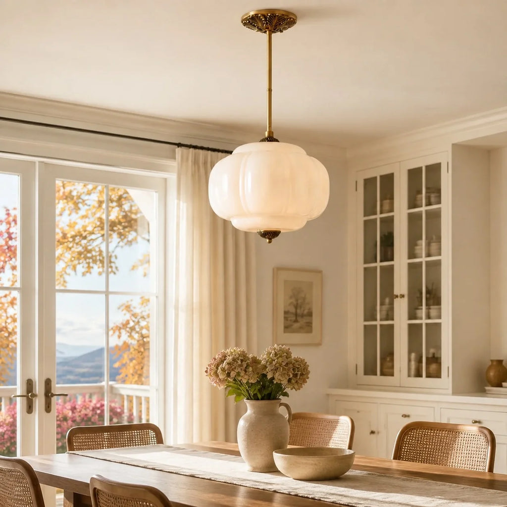 Juniper | Pumpkin Glass Pendant Light, Antique Brass Semi Flush Ceiling Light, Ribbed Colored Glass
