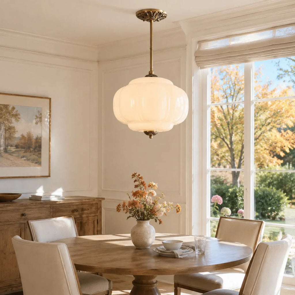 Juniper | Pumpkin Glass Pendant Light, Antique Brass Semi Flush Ceiling Light, Ribbed Colored Glass