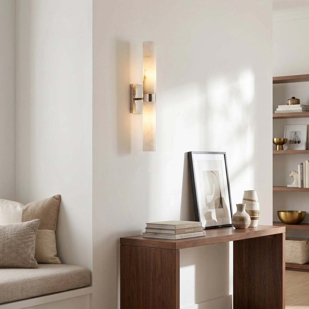 Dani | Alabaster Wall Sconce, Double Tube Bathroom Vanity Light, Modern Brass Wall Light for Bedroom