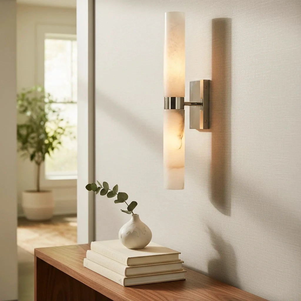 Dani | Alabaster Wall Sconce, Double Tube Bathroom Vanity Light, Modern Brass Wall Light for Bedroom