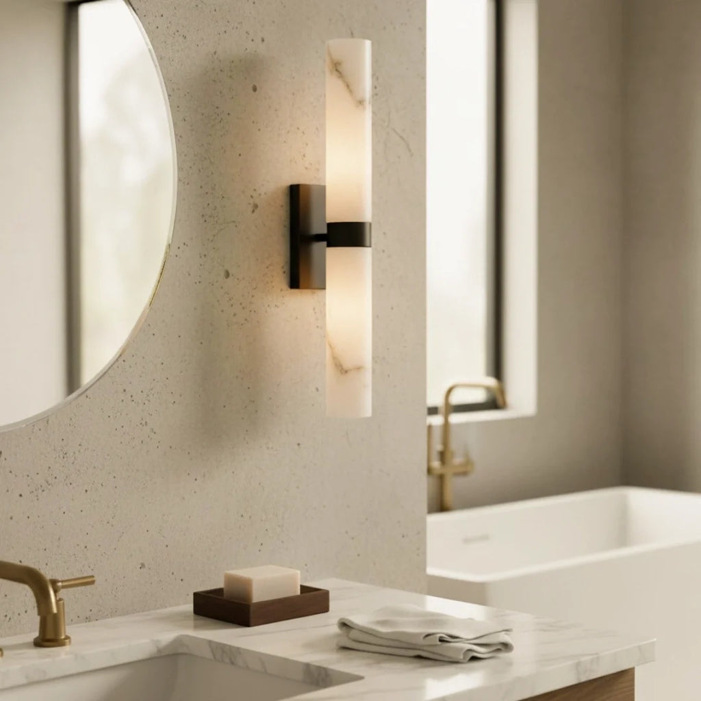 Dani | Alabaster Wall Sconce, Double Tube Bathroom Vanity Light, Modern Brass Wall Light for Bedroom