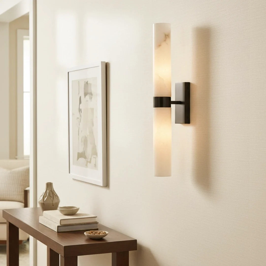 Dani | Alabaster Wall Sconce, Double Tube Bathroom Vanity Light, Modern Brass Wall Light for Bedroom