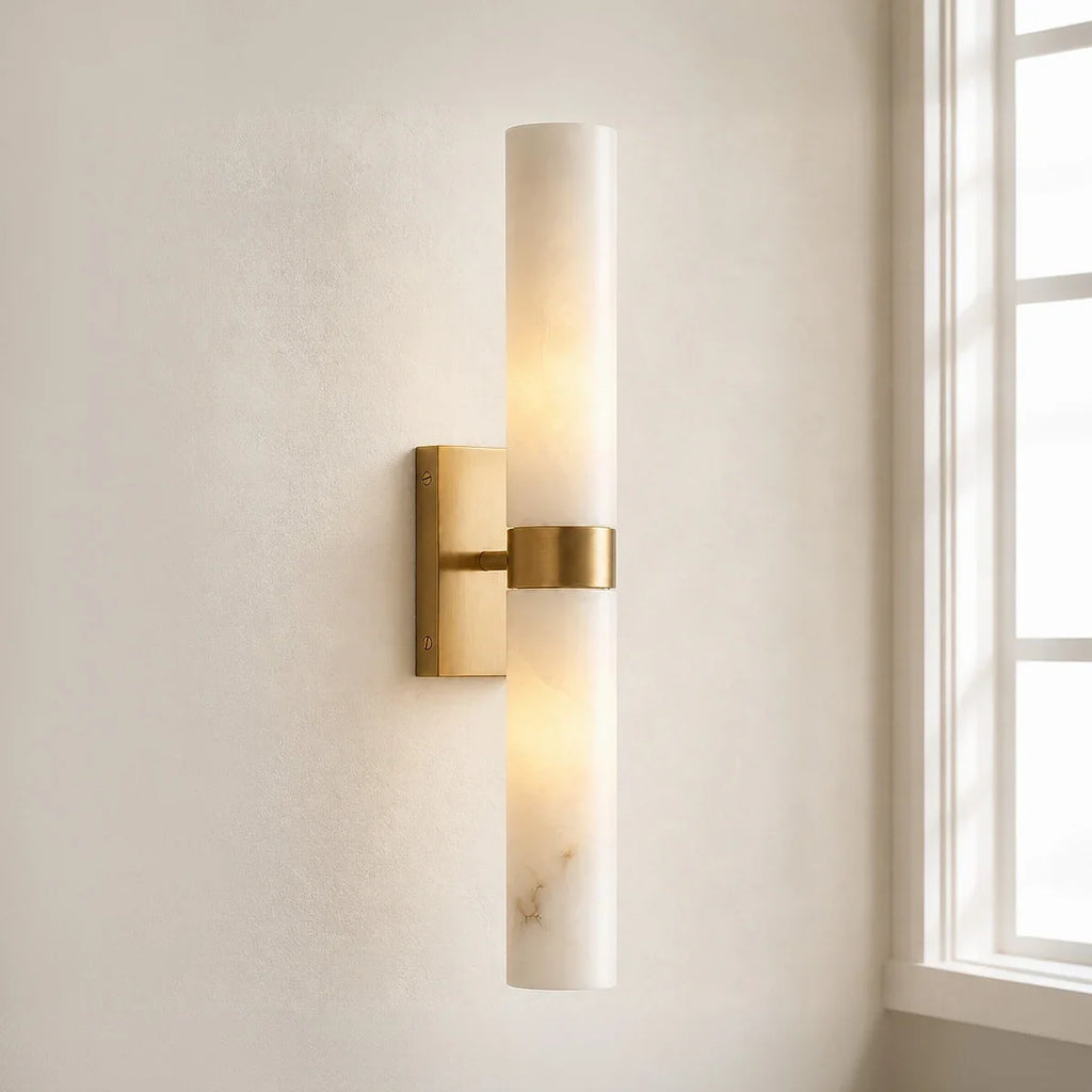 Dani | Alabaster Wall Sconce, Double Tube Bathroom Vanity Light, Modern Brass Wall Light for Bedroom