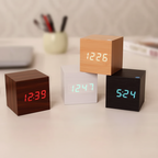 Cubo | Wooden Cube Alarm Clock, Digital LED Desk Clock, USB or Battery Powered Small Bedside Clock