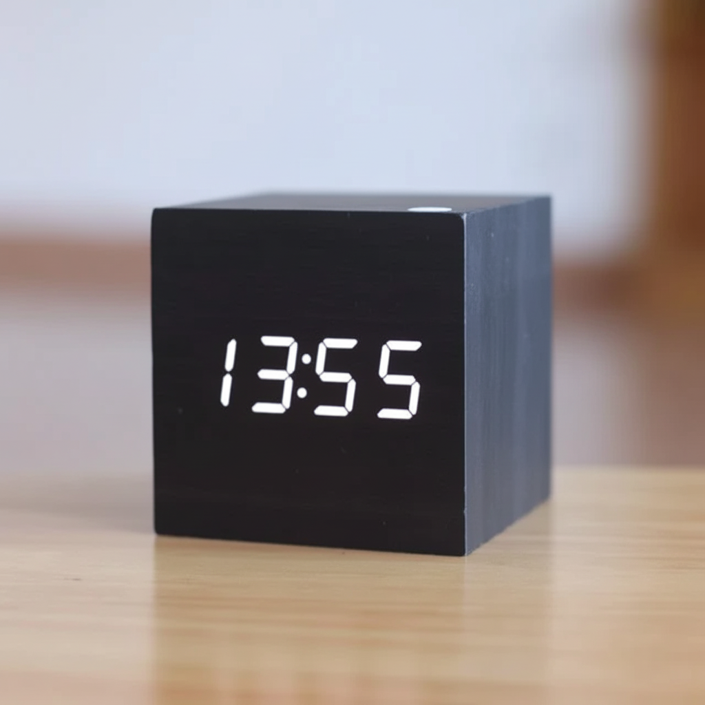 Cubo | Wooden Cube Alarm Clock, Digital LED Desk Clock, USB or Battery Powered Small Bedside Clock