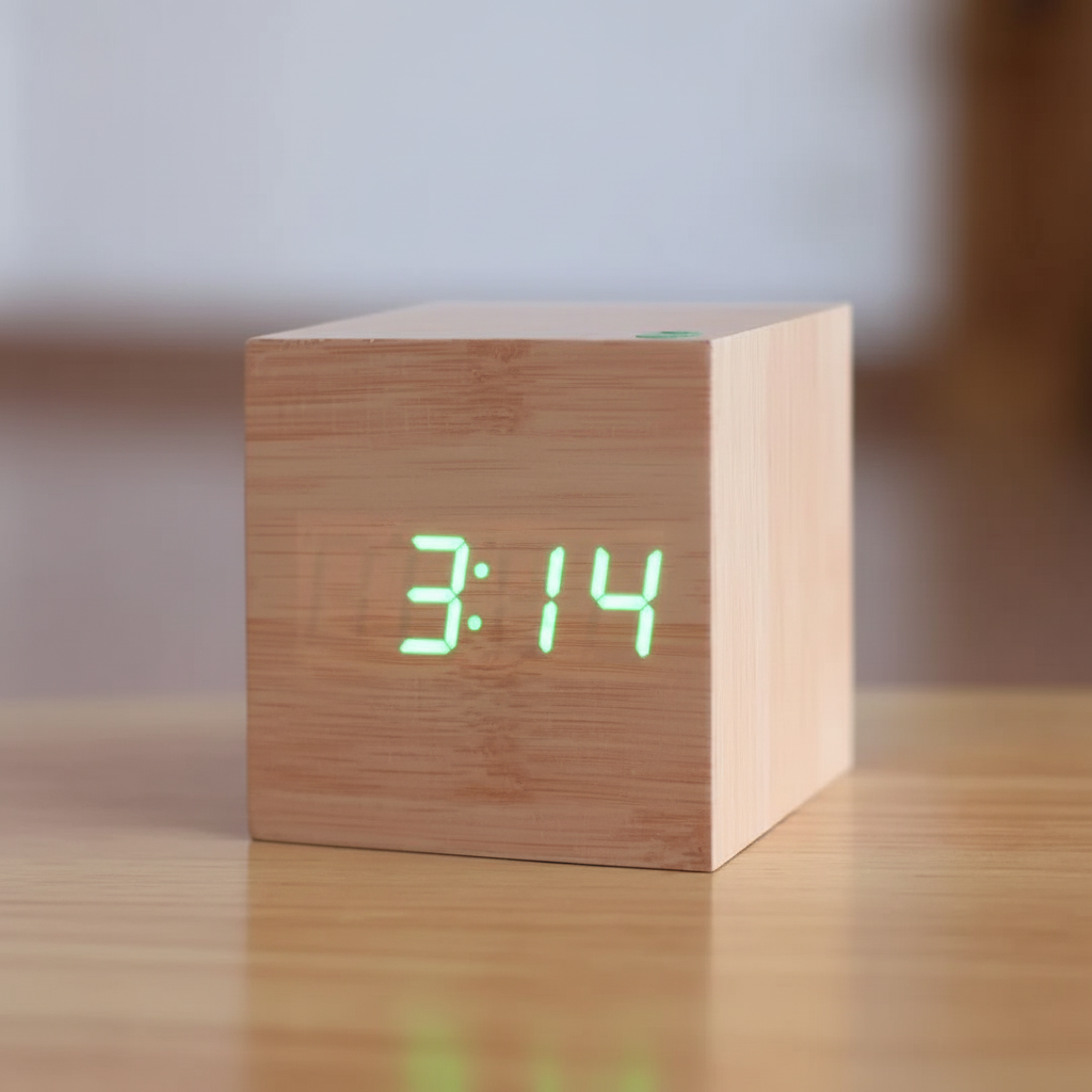 Cubo | Wooden Cube Alarm Clock, Digital LED Desk Clock, USB or Battery Powered Small Bedside Clock