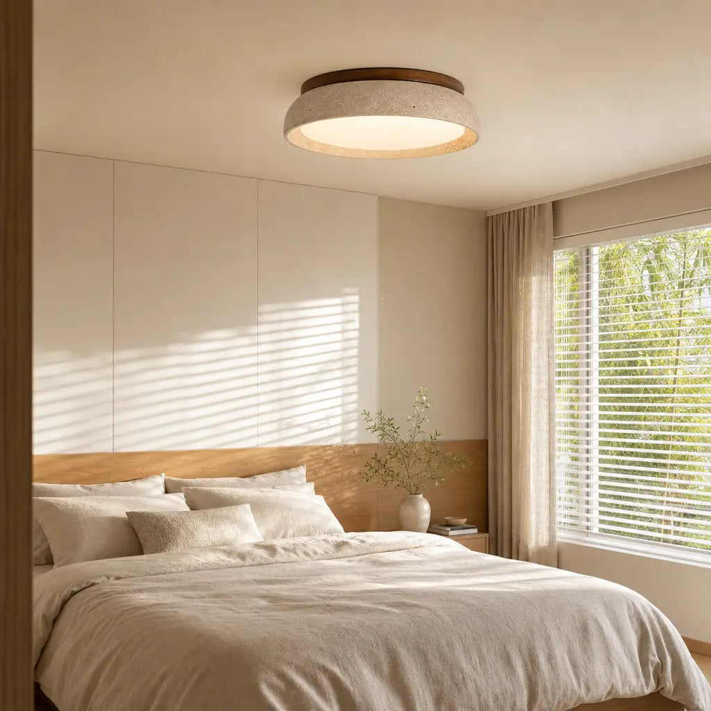 Sabi | Travertine Flush Mount Ceiling Light, Scandinavian LED Stone Ceiling Lamp, Wabi Sabi Low Profile