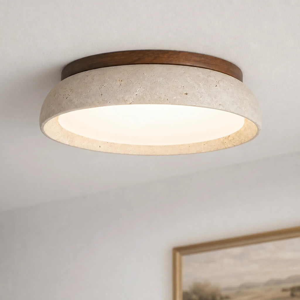 Sabi | Travertine Flush Mount Ceiling Light, Scandinavian LED Stone Ceiling Lamp, Wabi Sabi Low Profile