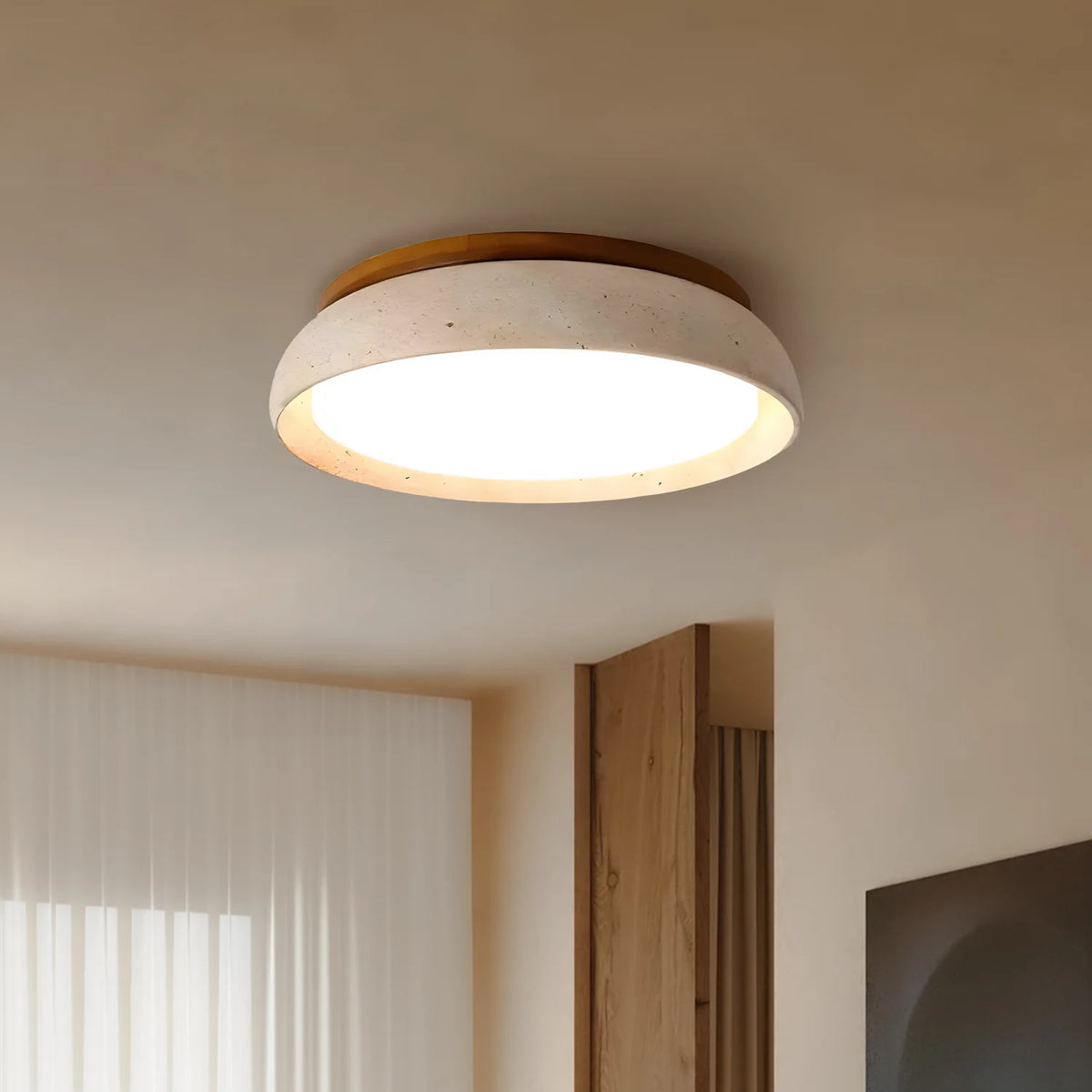 Sabi | Travertine Flush Mount Ceiling Light, Scandinavian LED Stone Ceiling Lamp, Wabi Sabi Low Profile