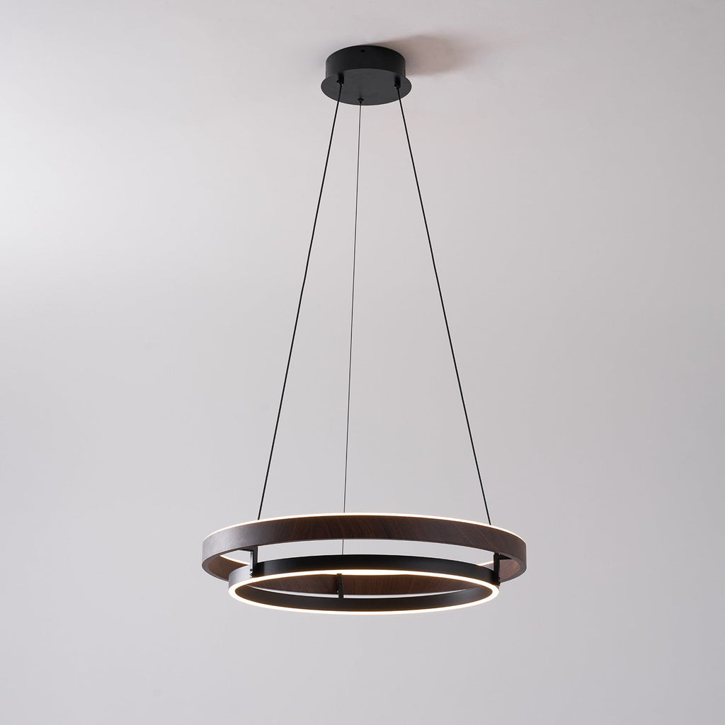 Niseko | Modern Double Ring LED Chandelier, Walnut Circular Pendant Light for Dining and Living Room