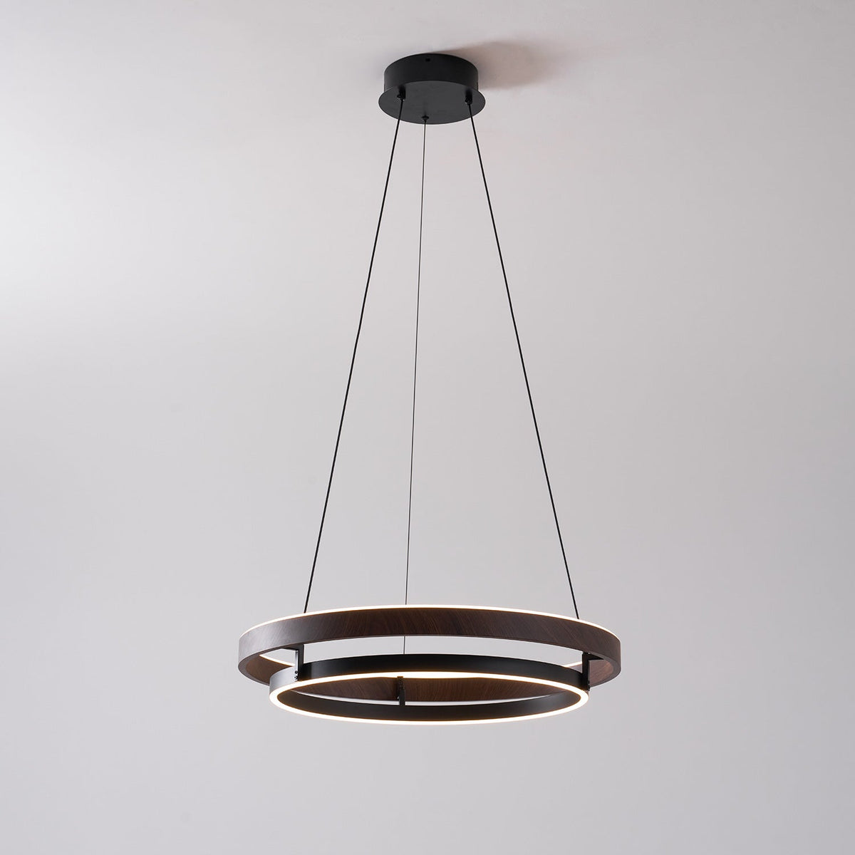 Niseko | Modern Double Ring LED Chandelier, Walnut Circular Pendant Light for Dining and Living Room