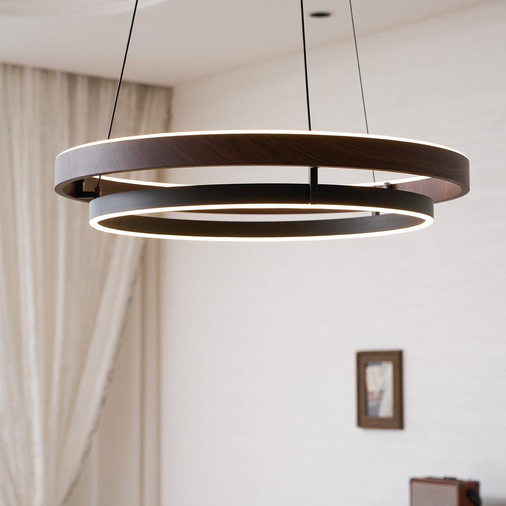Niseko | Modern Double Ring LED Chandelier, Walnut Circular Pendant Light for Dining and Living Room
