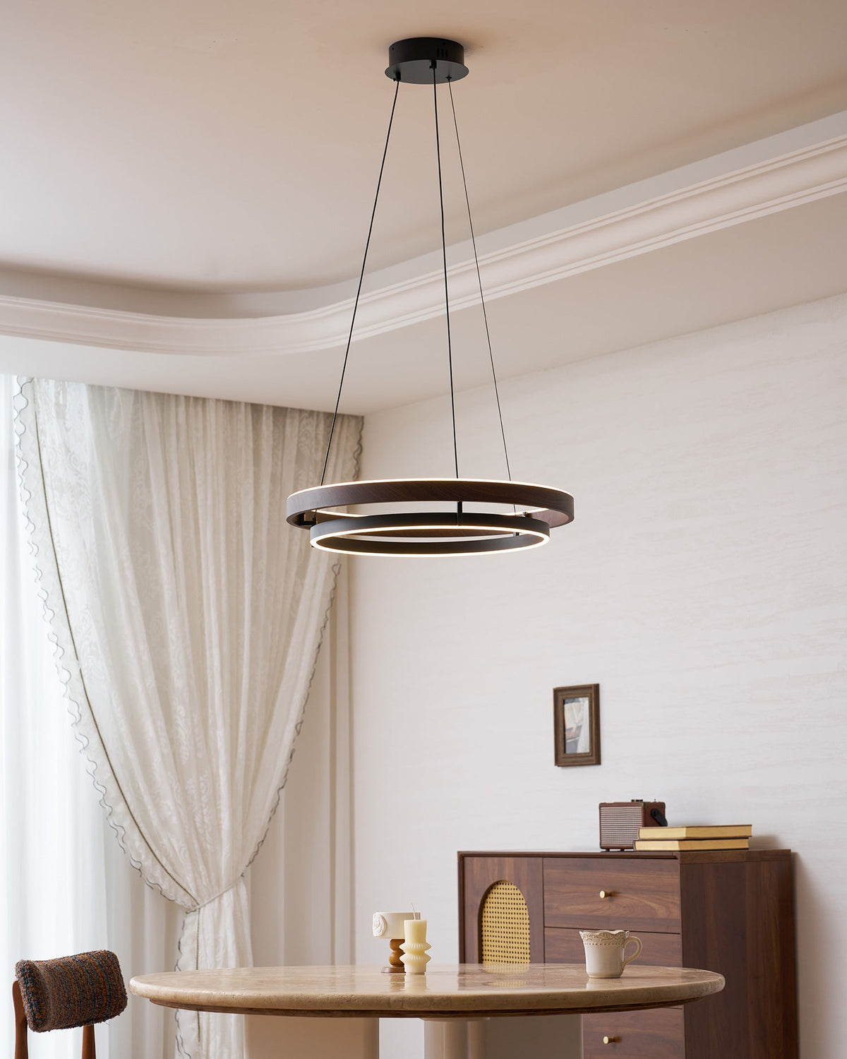 Niseko | Modern Double Ring LED Chandelier, Walnut Circular Pendant Light for Dining and Living Room