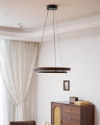 Niseko | Modern Double Ring LED Chandelier, Walnut Circular Pendant Light for Dining and Living Room